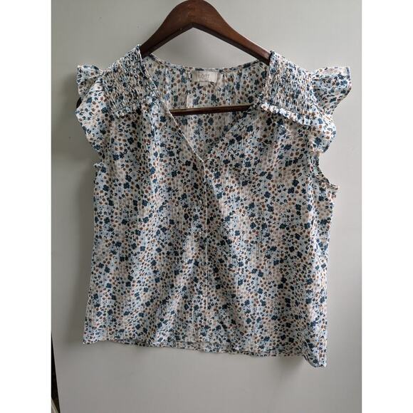 LOFT Tops - Loft Blouse Top Women MediumBlue‎ Floral Sleeveless Ruffle Trim V Neck Button Up